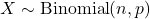 X\sim\operatorname{Binomial}(n,p)